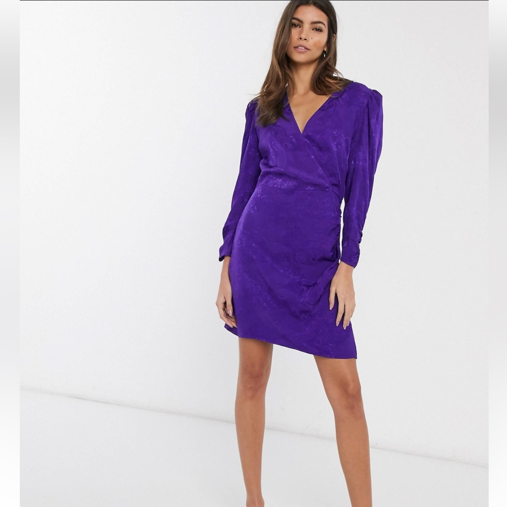 & Other Stories Jacquard Wrap Mini Dress Long Sleeve Royal Purple Size 0 XS